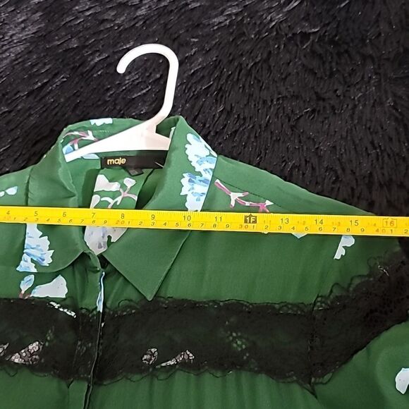Maje Green Silk Blend Black Lace Floral Printed Top - Picture 9 of 9